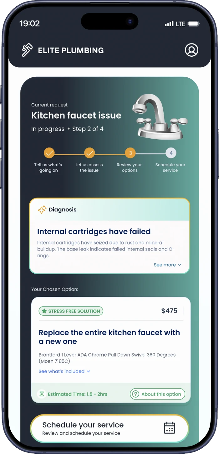 F2F Convert running under a contractor's own brand on a phone, showing an AI diagnosis and the chosen repair option with firm pricing